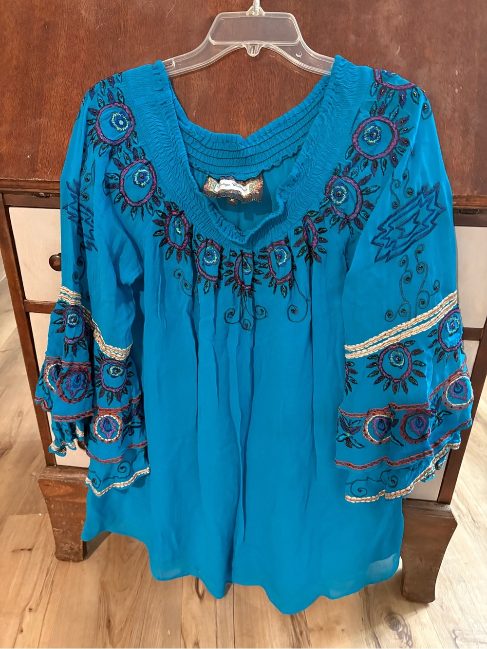 Embroidered Peasant Blouse in Teal with Boho Detailing